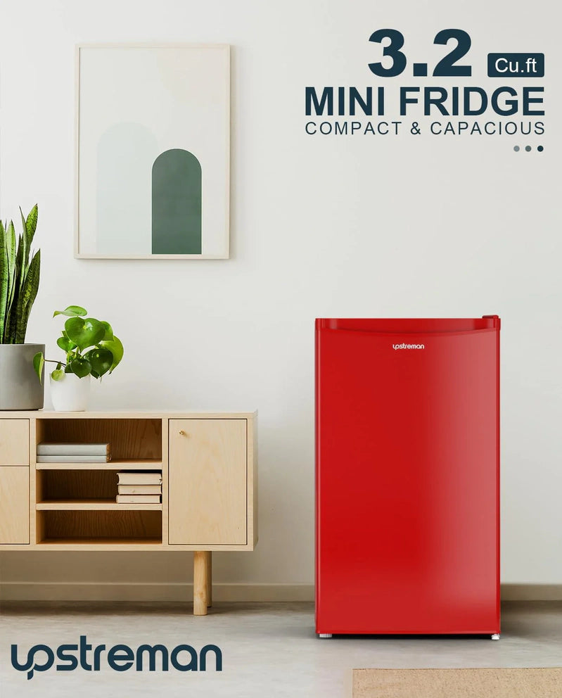 Upstreman 3.2 Cu. Ft. Mini Fridge With Freezer, Single Door Mini Fridge, Dorm Fridge, Adjustable Thermostat, Black-BR321