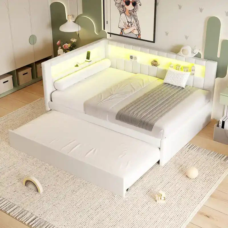 Upholstered Platform Bed With USB Ports And LED Lighting, Full/Twin Size Bed Frame With 2 Storage Drawers, Modern Bedroom