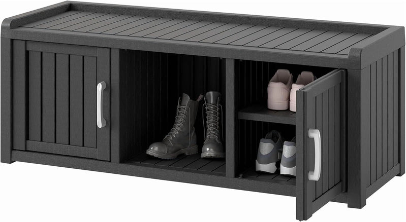Kamaboko Outdoor Shoe Storage Cabinet, Waterproof UV-Resistant Entryway Storage Bench Indoor Outdoor With 2 Barn Doors