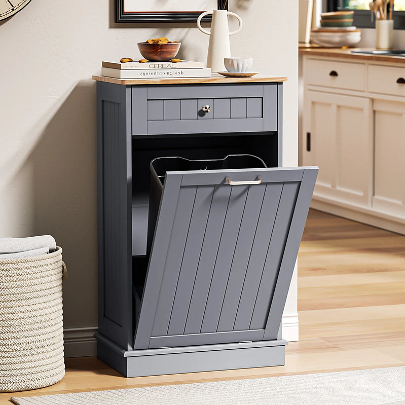 Haripul Single Tilt Out Trash Cabinet For 13 Gallon Waste Bin, Free Standing Kitchen Trash Can Cabinet With Drawers, White