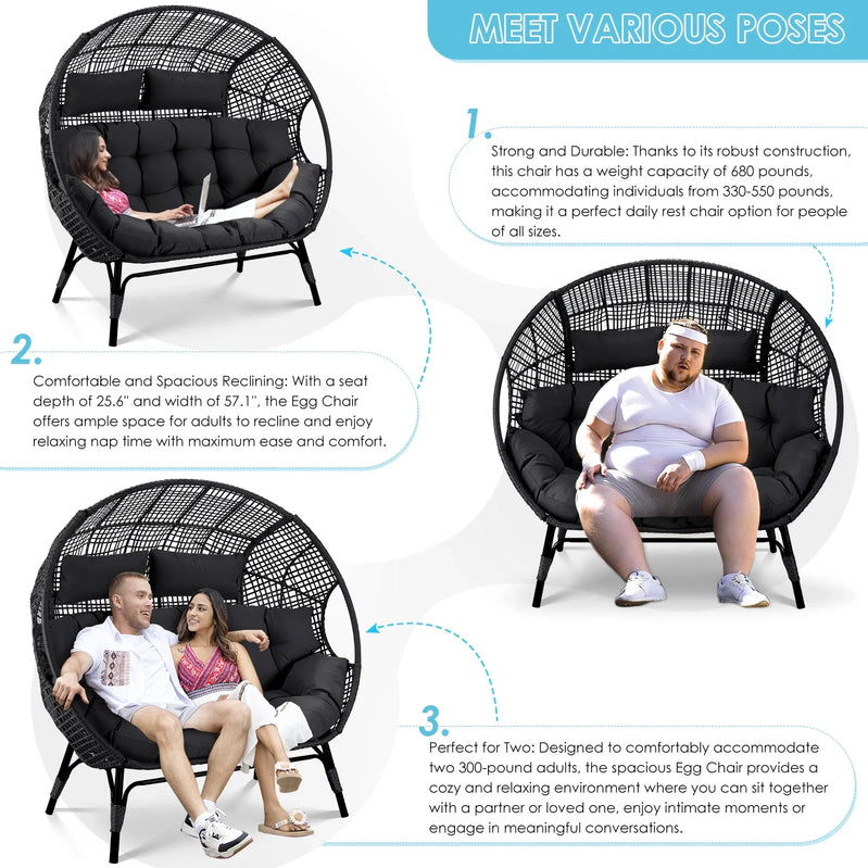 Radiata Double Egg Chair For 2 Person, Oversized Wicker Loveseat With Thick Cushions, 680 Lbs Capacity