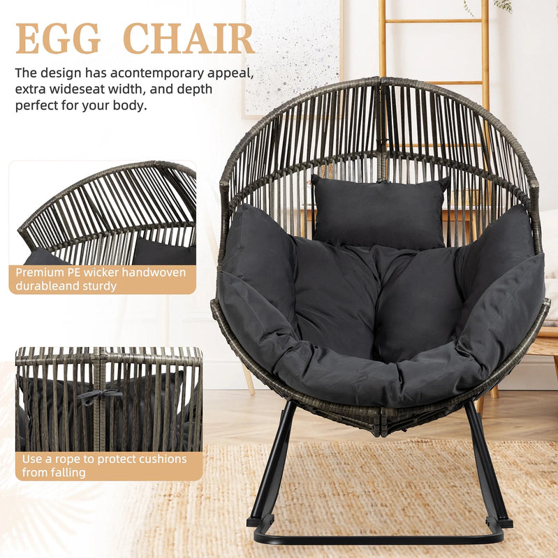 Walsunny Egg Chairs Outdoor Patio Wicker Oversized Egg Shell Lounger Lawn Chair With Cushion For Indoor Outside Porch Balcony Backyard
