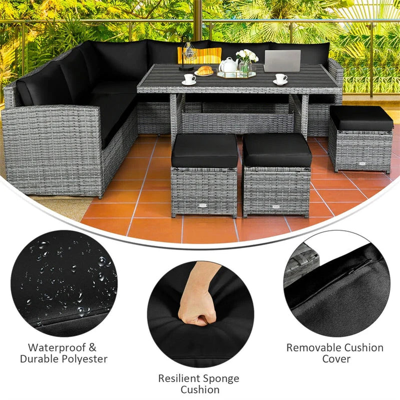 7 Pcs Rattan Patio Dining Furniture Sectional Sofa Set With Dining Table, Ottomans And Cushions