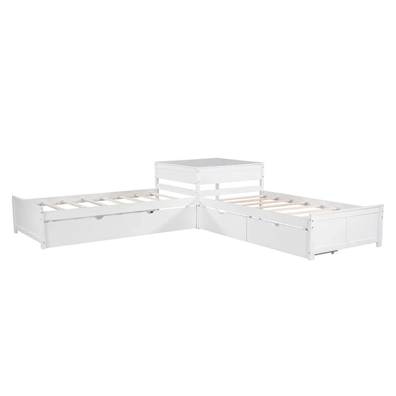 White Modern Twin Size L-Shaped Platform Bed With Trundle And Drawers For Bedroom