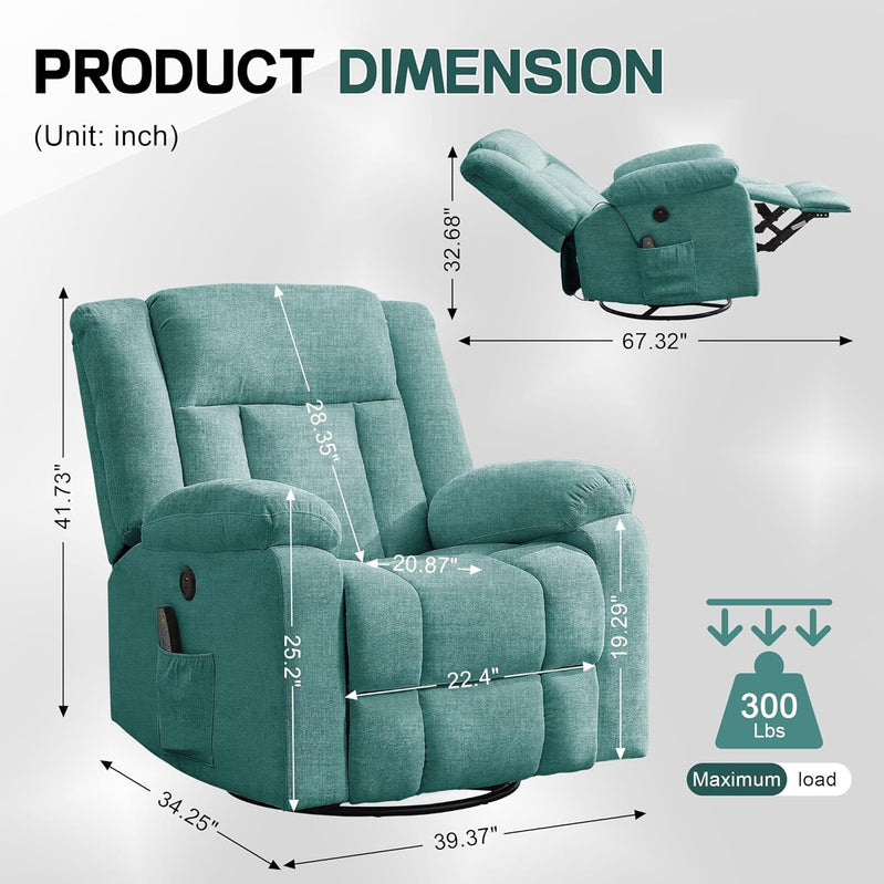 Rocker Recliner, Glider Recliner Chairs For Adults, 360 Degree Swivel Rocking Chair With Massage And Heating