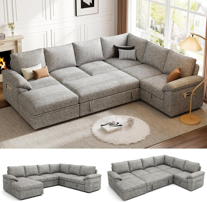 108 In. Sectional Sleeper Sofa With Pull Out Bed, U Shaped 7 Seat Modular Sectional Sofa
