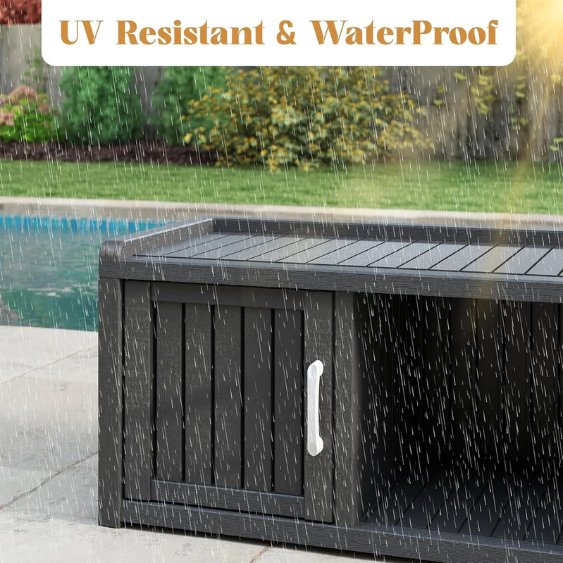 Kamaboko Outdoor Shoe Storage Cabinet, Waterproof UV-Resistant Entryway Storage Bench Indoor Outdoor With 2 Barn Doors