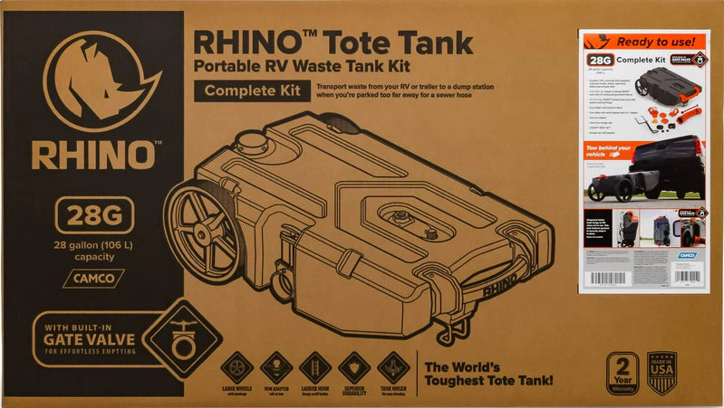 Camco Rhino Heavy Duty 28 Gallon Portable RV Waste Holding Tank With Hose And Accessories Durable Leak Free And Odorless RV Tote Tank, 39004