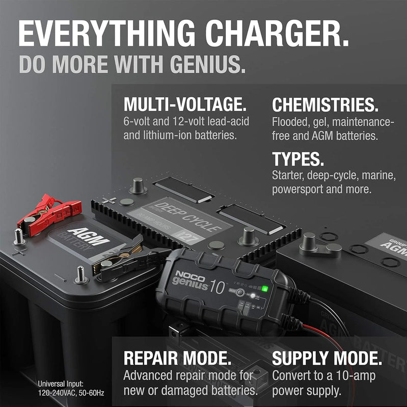 Noco GENIUS10, 10A 6V/12V Smart Battery Charger, Maintainer And Desulfator