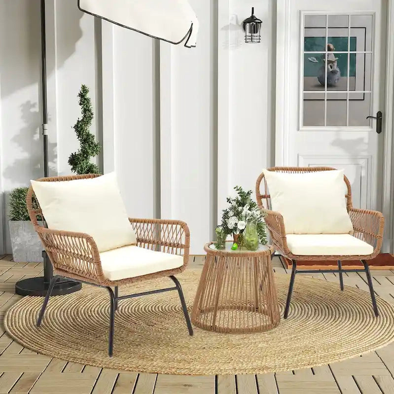 3-Piece Patio Conversation Bistro Set, Outdoor Rattan Furniture Set With Glass Table And 2 Wide Armchairs, Seat Cushions