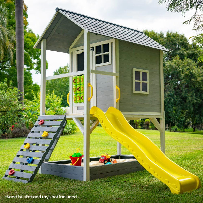 Rovo Kids Wooden Tower Cubby House With Slide, Sandpit, Climbing Wall, Noughts And Crosses