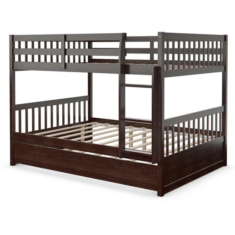 Solid Wood Full Over Full Bunk Bed Frame With Trundle, Safety Ladder And Guardrails, Convertible Bunk Bed For Kids Teens