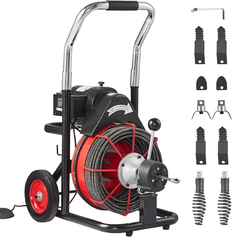 Drain Cleaner Machine 100 Ft. x 1/2 In, Auto Feed Sewer Snake Auger On Wheels