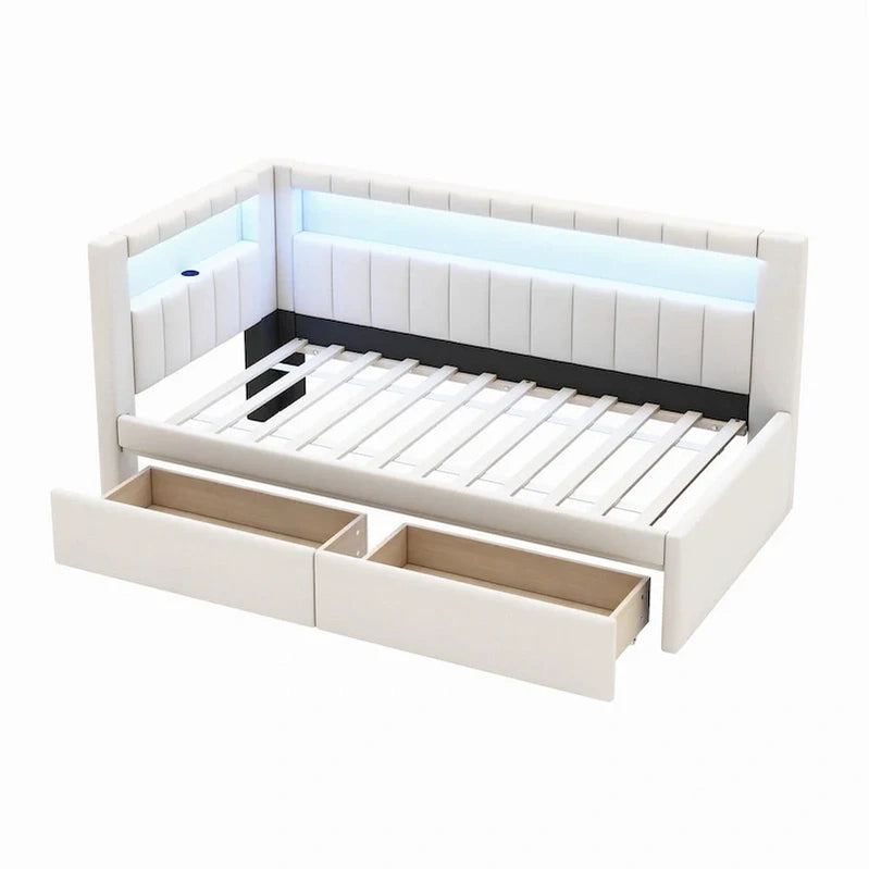 Upholstered Platform Bed With USB Ports And LED Lighting, Full/Twin Size Bed Frame With 2 Storage Drawers, Modern Bedroom