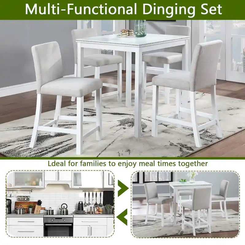 Modern 5-Piece Dining Set With Square Counter Height Table And 4 Upholstered Chairs