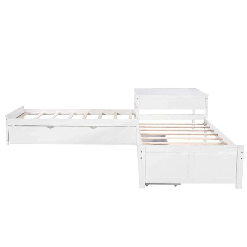 White Modern Twin Size L-Shaped Platform Bed With Trundle And Drawers For Bedroom
