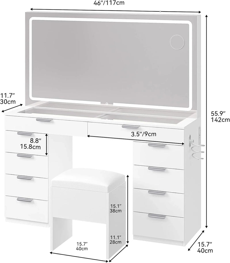 Yitahome Vanity Set With LED Mirror, 10 Drawers, Stool Included