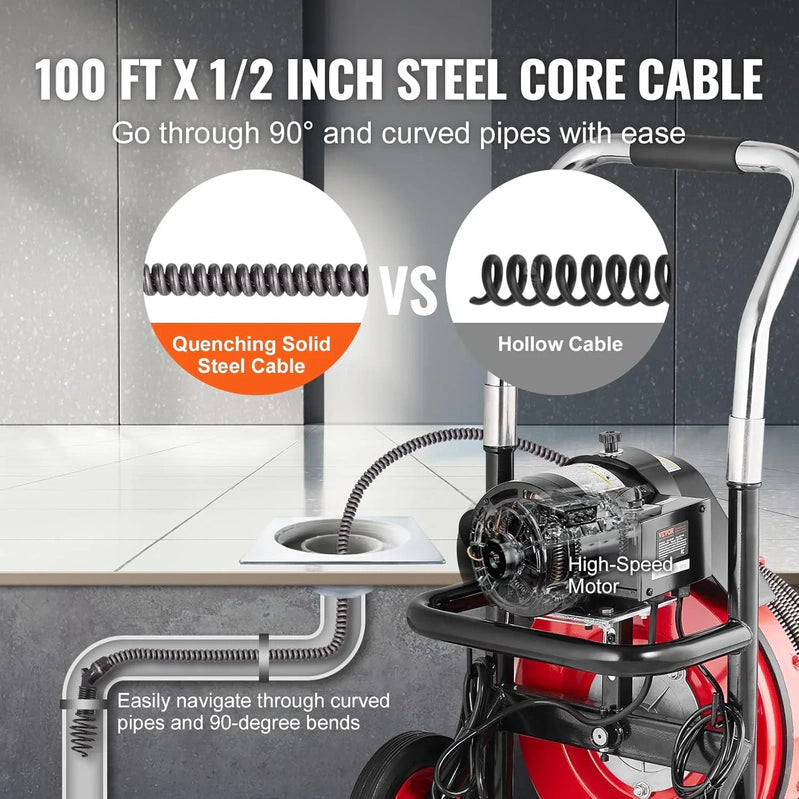 Drain Cleaner Machine 100 Ft. x 1/2 In, Auto Feed Sewer Snake Auger On Wheels