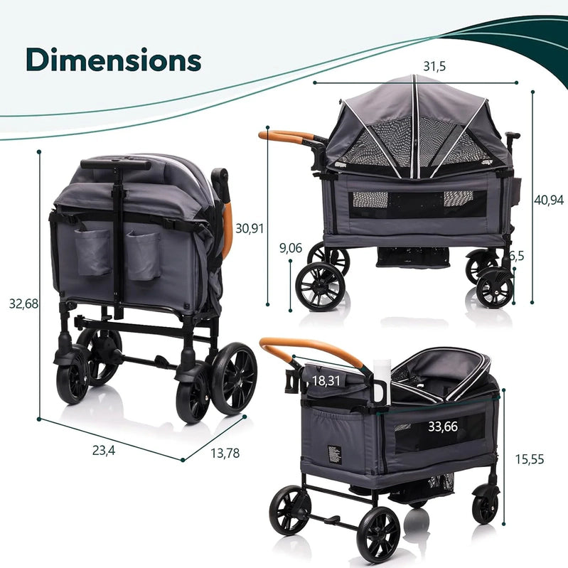 Wagon Stroller For 2 Kids And Cargo-Travel Stroller Push-Pull Double Wagon Lightweight Folding Stroller For Newborn And Toddler With 5-Point