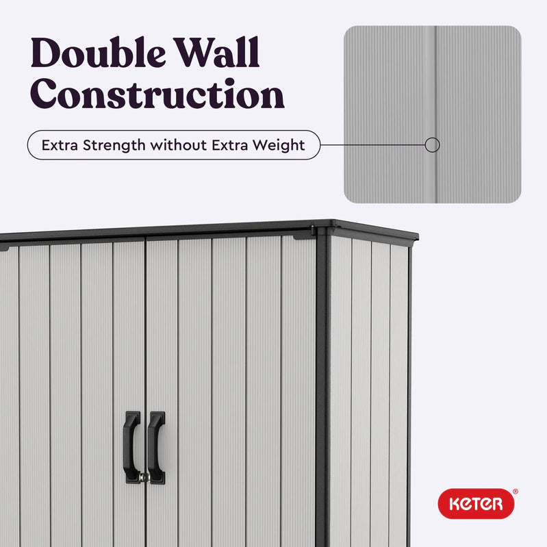 Keter Premier Tall Vertical Durable Resin Outdoor Storage Shed With Floor And Locking Double Doors, Grey