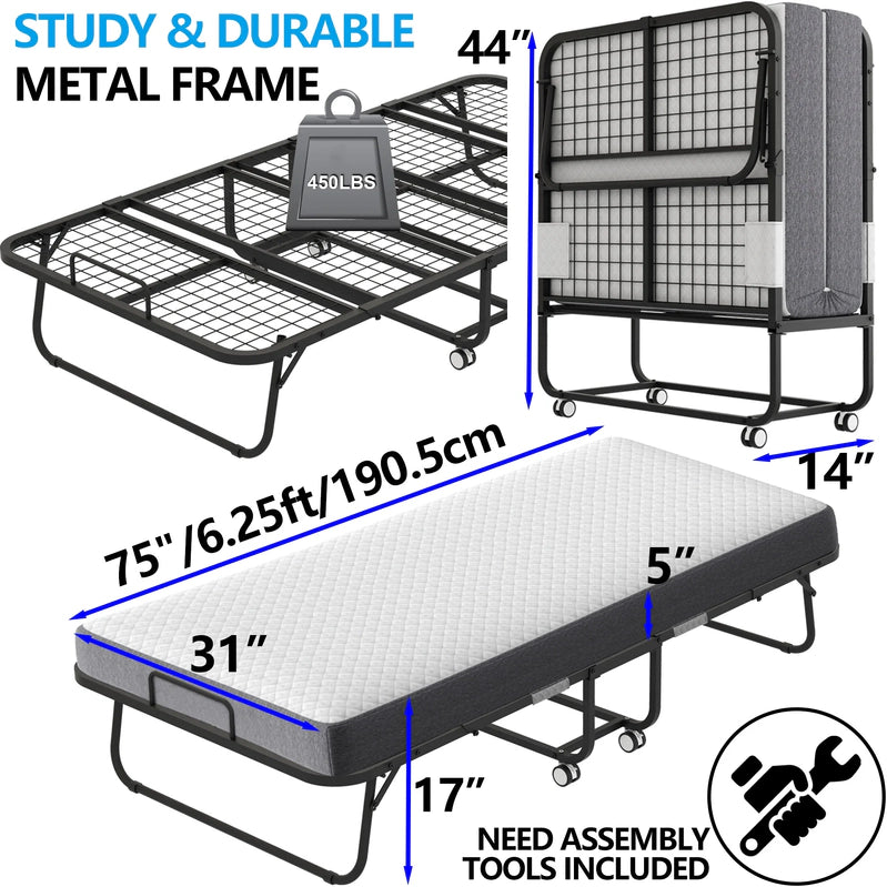Folding Bed With Mattress 75 In. x 31 In. Cot Size Folded Bed