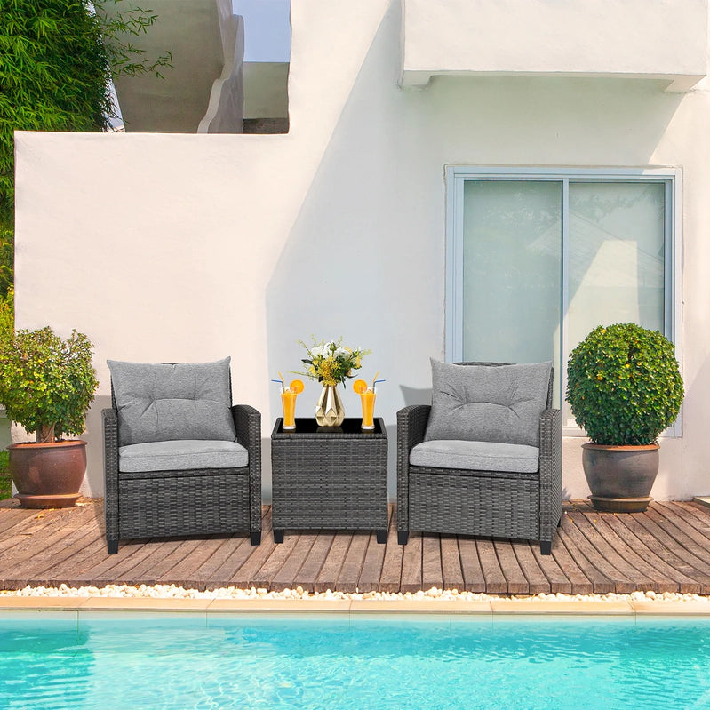 Gymax 3PCS Patio Rattan Sofa Set Outdoor Wicker Conversation Set Glass Tabletop w/Grey Cushion