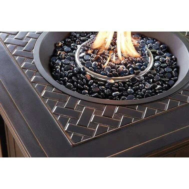 5-piece Steel Patio Fire Pit Seating Set With Navy Blue Cushions, Swivel Gliders And Square Fire Pit Table