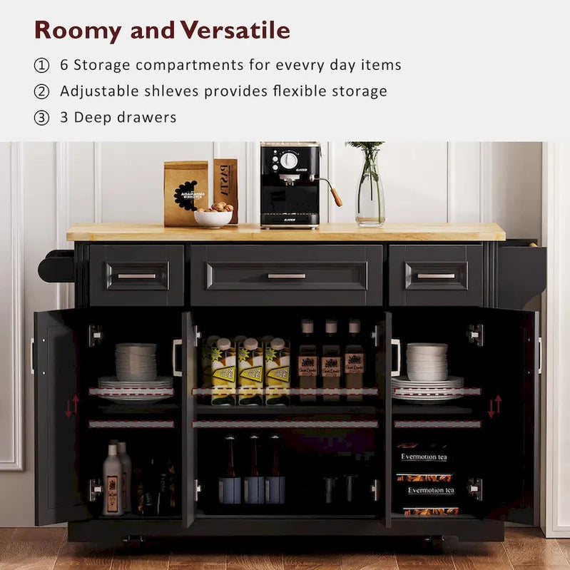 54 Large Kitchen Island With Rubber Wood Drop Leaf, Embossed Texture Rolling Kitchen Cart On 4 Wheels With 4 Doors And 3 Drawers