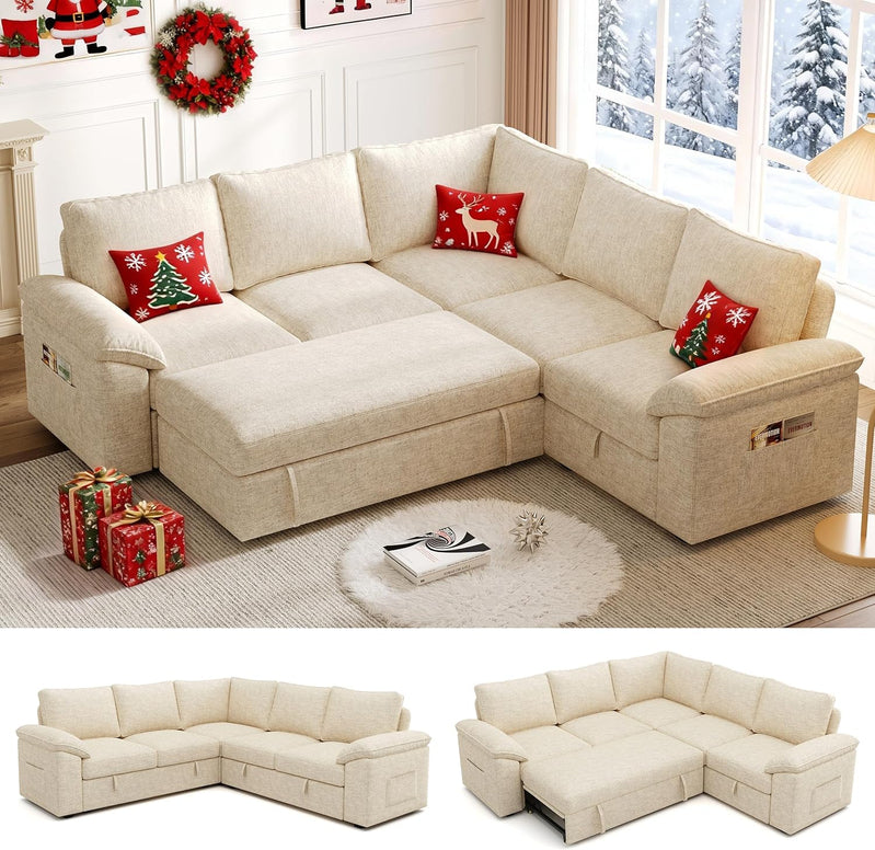 108 In. Sectional Sleeper Sofa With Pull Out Bed, U Shaped 7 Seat Modular Sectional Sofa