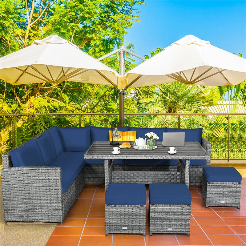 7 Pcs Rattan Patio Dining Furniture Sectional Sofa Set With Dining Table, Ottomans And Cushions