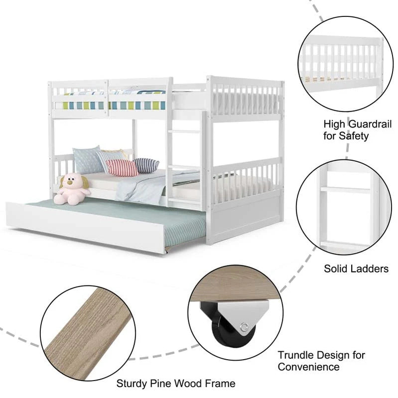 Solid Wood Full Over Full Bunk Bed Frame With Trundle, Safety Ladder And Guardrails, Convertible Bunk Bed For Kids Teens