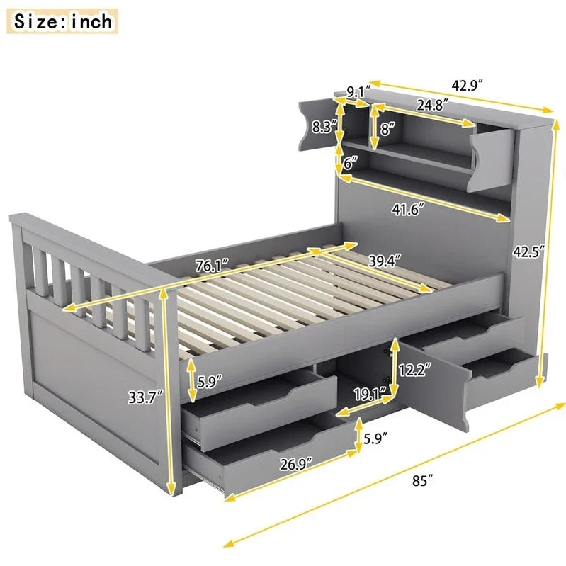 Twin/Full Size Captain Platform Bed With 4 Drawers And Storage Shelves, Solid Wood Bed Frame With Storage Bookcase Headboard