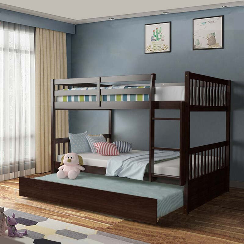 Solid Wood Full Over Full Bunk Bed Frame With Trundle, Safety Ladder And Guardrails, Convertible Bunk Bed For Kids Teens