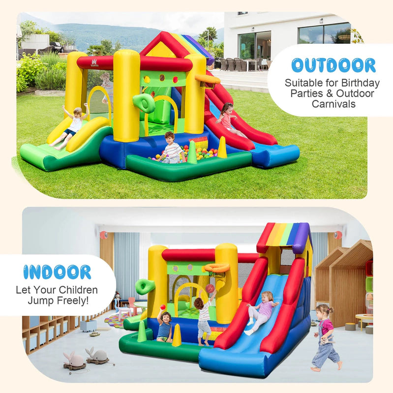 Costway Colorful Rainbow Kids Inflatable Bounce Castle With 50 Ocean Balls And 735W Blower