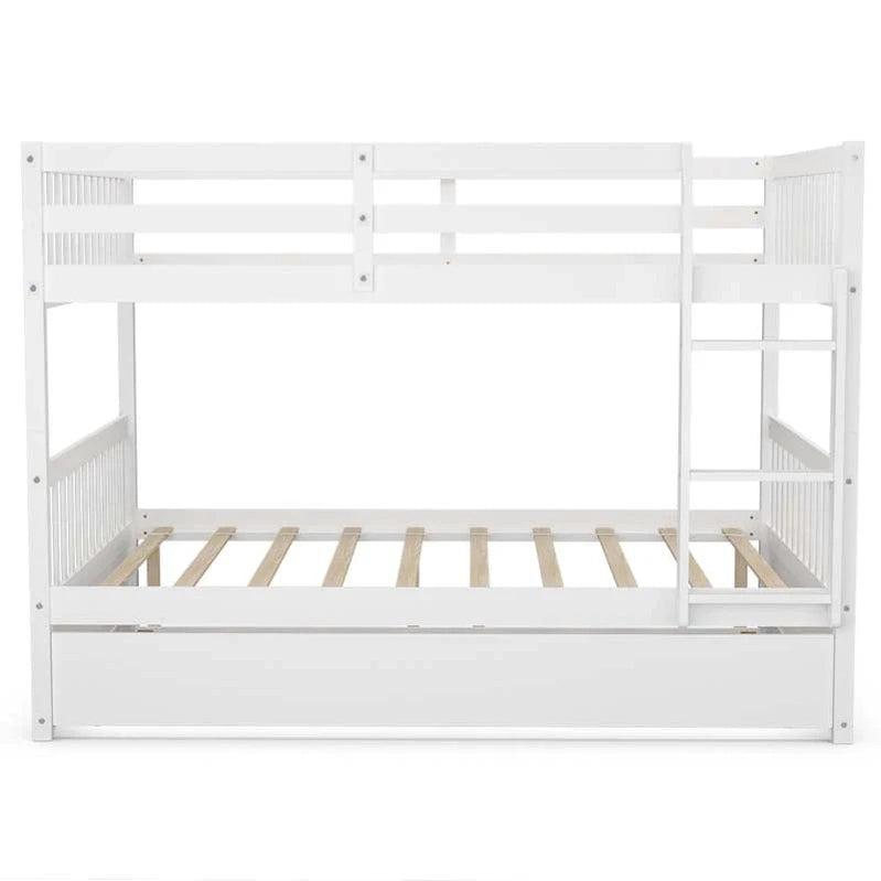 Solid Wood Full Over Full Bunk Bed Frame With Trundle, Safety Ladder And Guardrails, Convertible Bunk Bed For Kids Teens