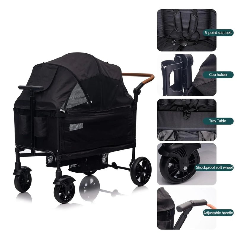 Wagon Stroller For 2 Kids And Cargo-Travel Stroller Push-Pull Double Wagon Lightweight Folding Stroller For Newborn And Toddler With 5-Point