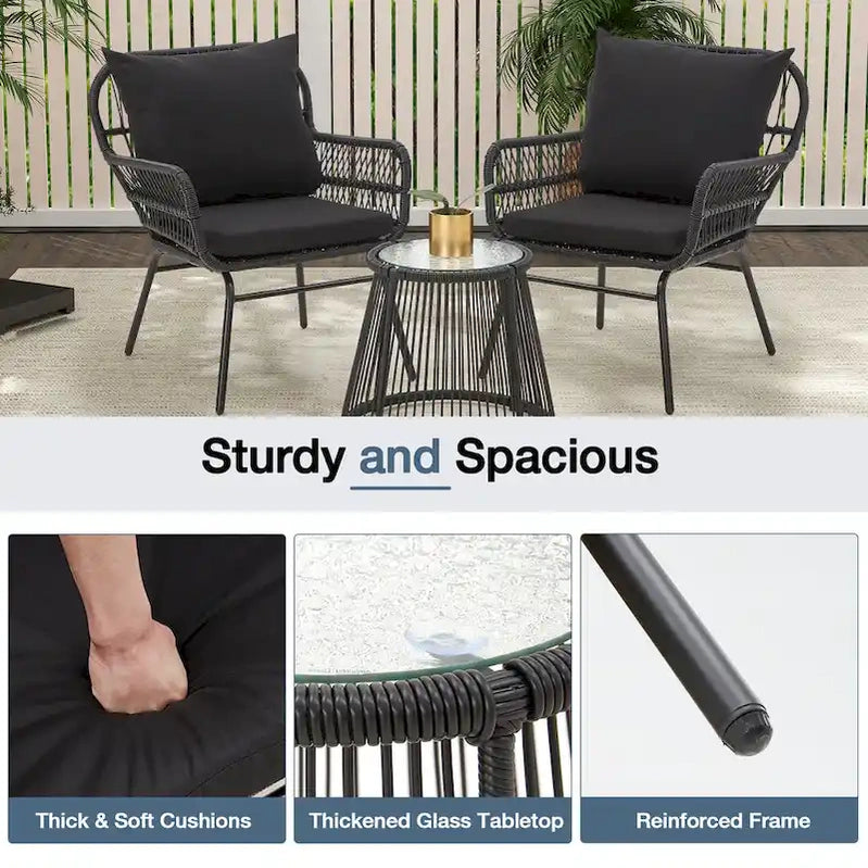 3-Piece Patio Conversation Bistro Set, Outdoor Rattan Furniture Set With Glass Table And 2 Wide Armchairs, Seat Cushions