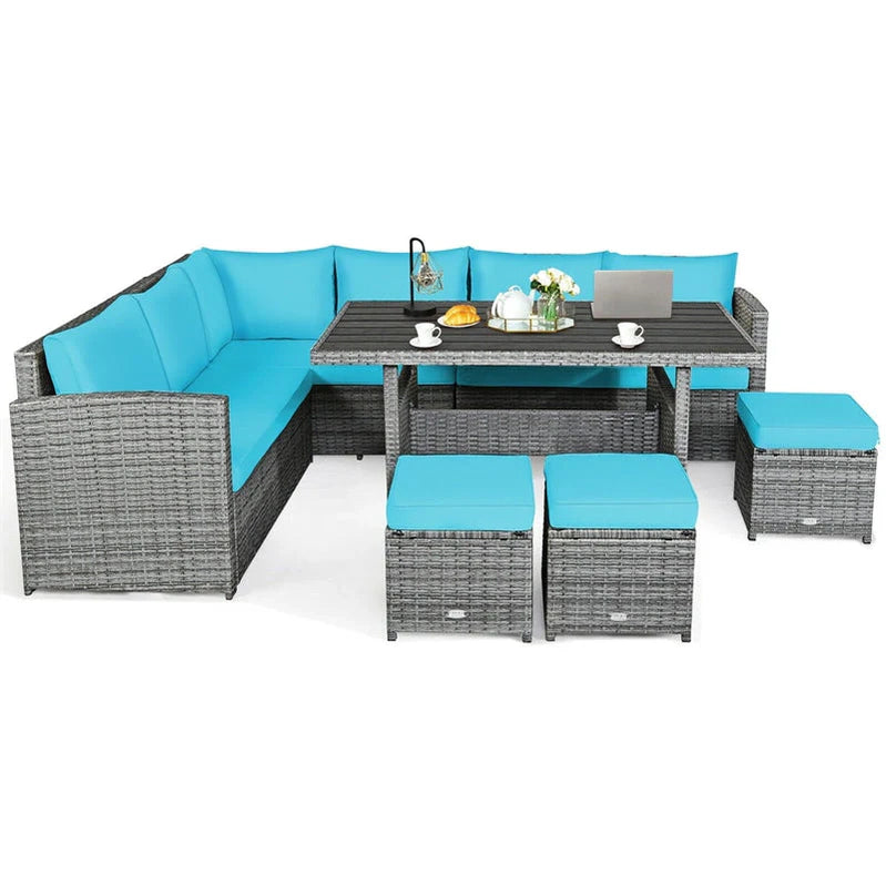7 Pcs Rattan Patio Dining Furniture Sectional Sofa Set With Dining Table, Ottomans And Cushions
