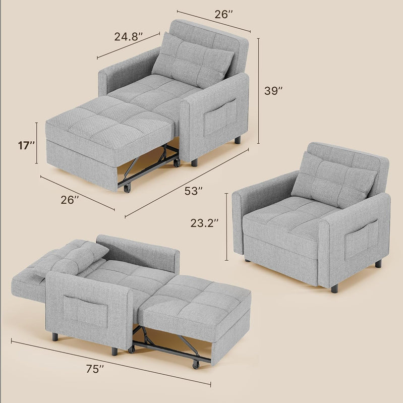 Sofa Bed Chair 3-in-1 Convertible Pullout Single Sleeper Chair Bed Spacious Multifunctional Sofa
