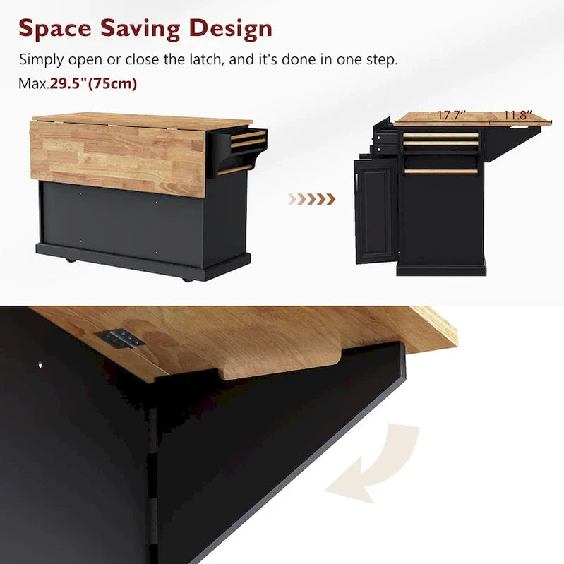 54 Large Kitchen Island With Rubber Wood Drop Leaf, Embossed Texture Rolling Kitchen Cart On 4 Wheels With 4 Doors And 3 Drawers