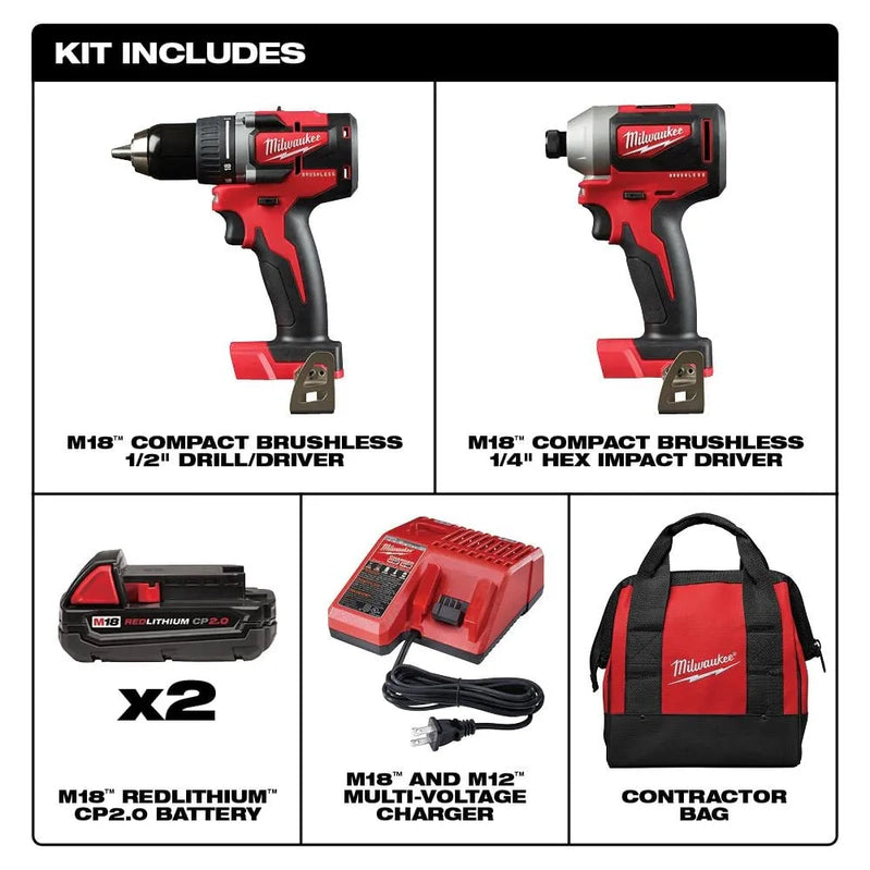 M18 18V Lithium-Ion Brushless Cordless Compact Drill/Impact Combo Kit, 2-Tool With 2 2.0Ah Batteries, Charger And Bag 2892-22CT