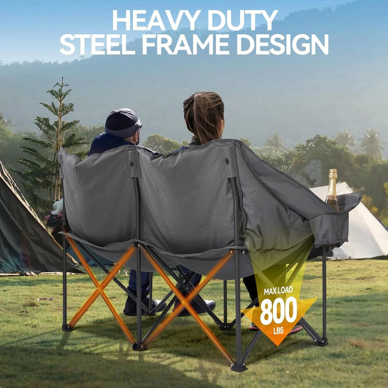 Double Camping Chairs Padded Loveseat Chair For 2 Person, Heavy Duty Oversized Camping Couch For Adults Outdoor Lawn Beach, Portable Folding