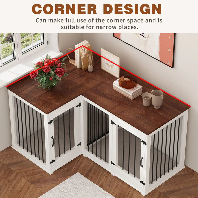 Large Corner Dog Crate Furniture For 2 Dogs, L Shape Dog Crate Cage, 58.7X41.1