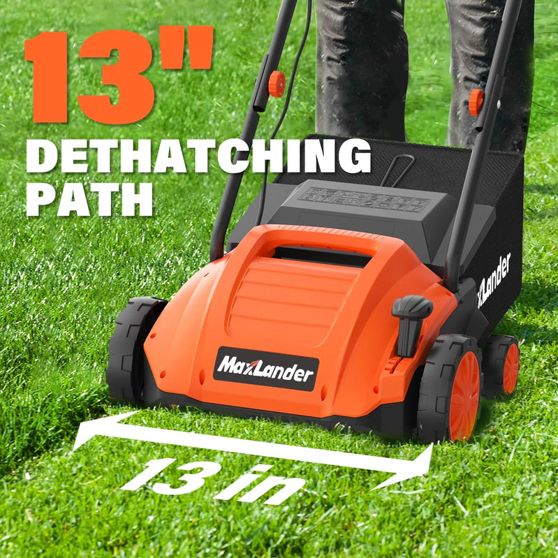 Maxlander Electric Dethatcher And Scarifier, 13 12Amp 2-in-1 Lawn Dethatcher With 4-Position Depth Adjustment, 30L Removable Collection Bag
