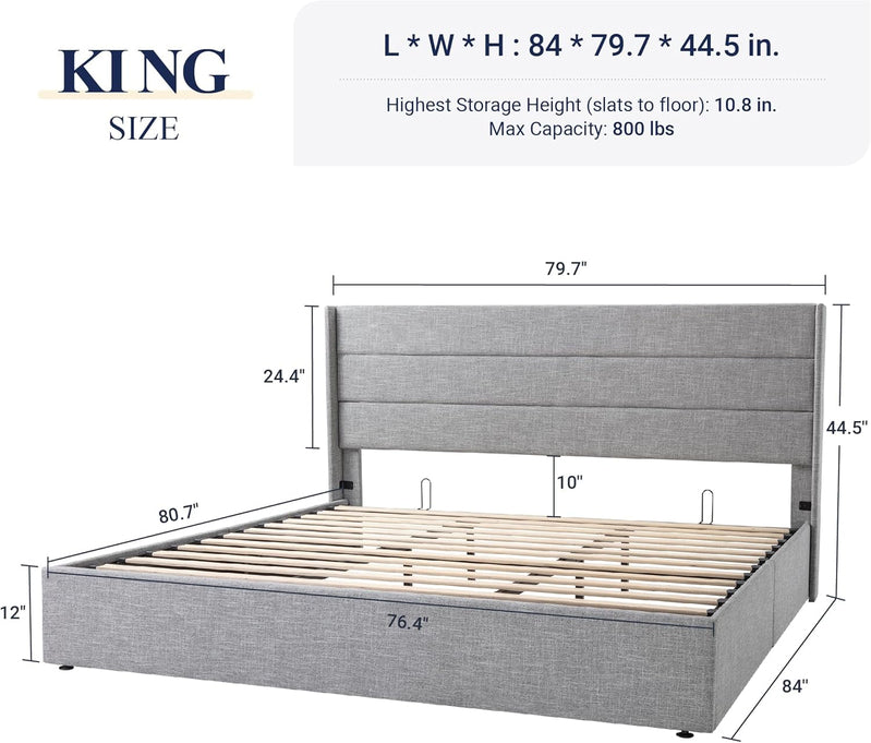 Allewie Queen Size Lift Up Storage Bed, Modern Wingback Headboard, Hydraulic Support, No Box Spring Needed, Light Beige