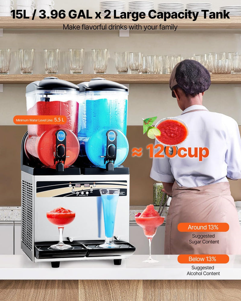 Vevor Slushy Machine, 15Lx2 Double Tank Commercial Margarita Machine, 120 Cups Stainless Steel Margarita Smoothie Frozen Drink Machine
