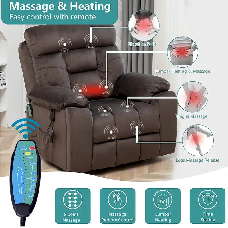 Large Electric Massage Lift Recliner With Heat, Hidden Cup Holder