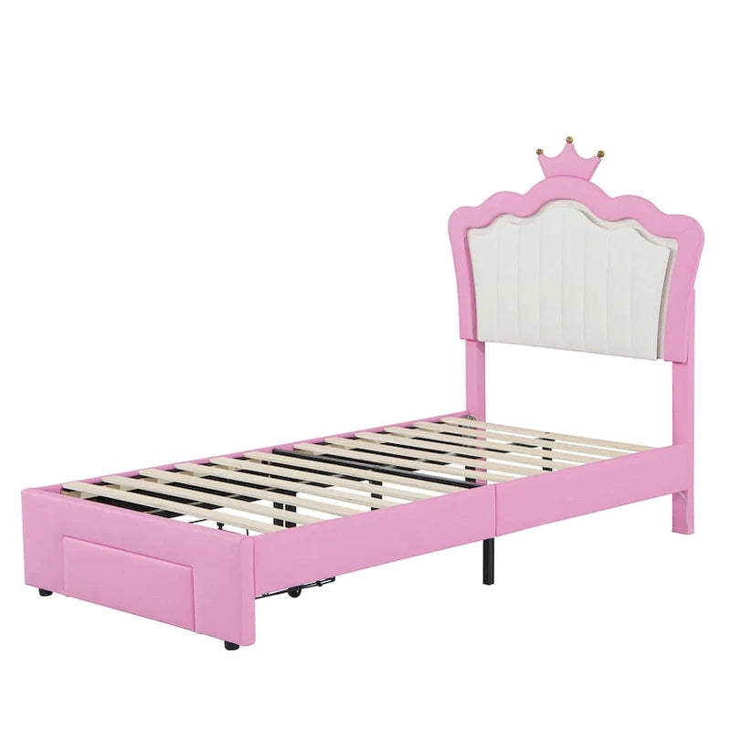 Twin Size Upholstered Bed Frame With LED Lights, Modern Upholstered Princess Bed With Crown Headboard, A Drawer, Pink Plus White
