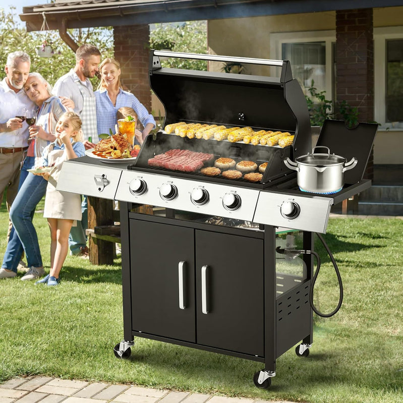 Upgraded 4 Burner Bbq Propane Gas Grill With Cast Iron Grates And Side Stove, 44,000 BTU Stainless Steel Burner Barbecue Grill For Patio