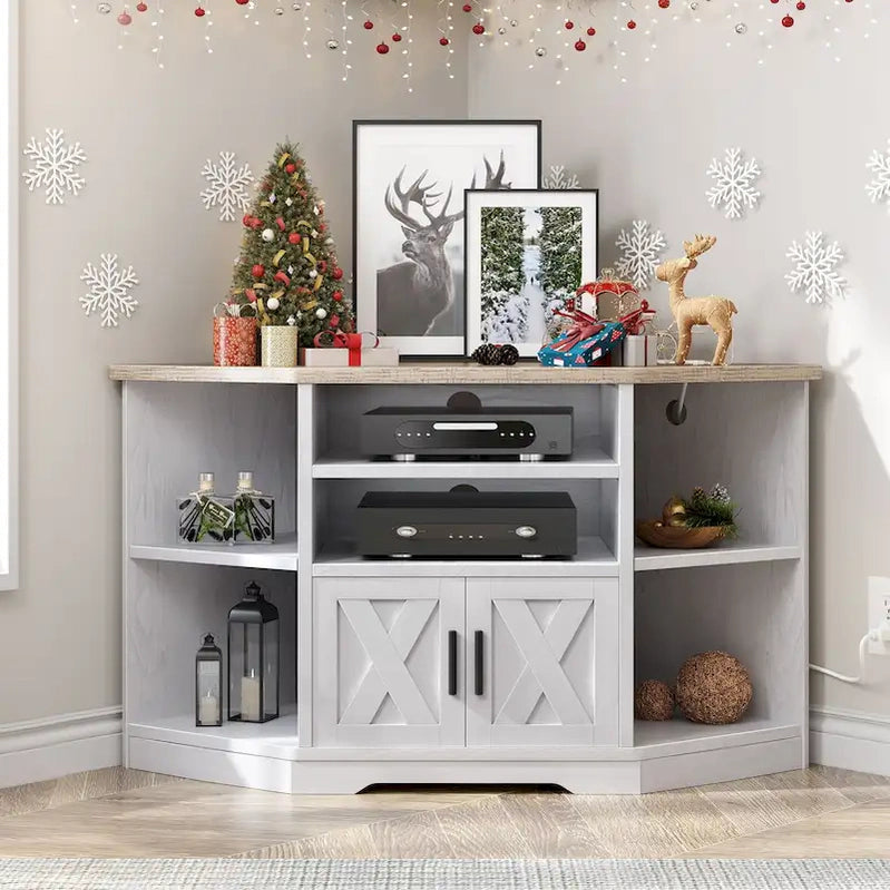 Farmhouse Corner TV Stand Entertainment Center Media Console For TVs Up To 55 With Power Outlet
